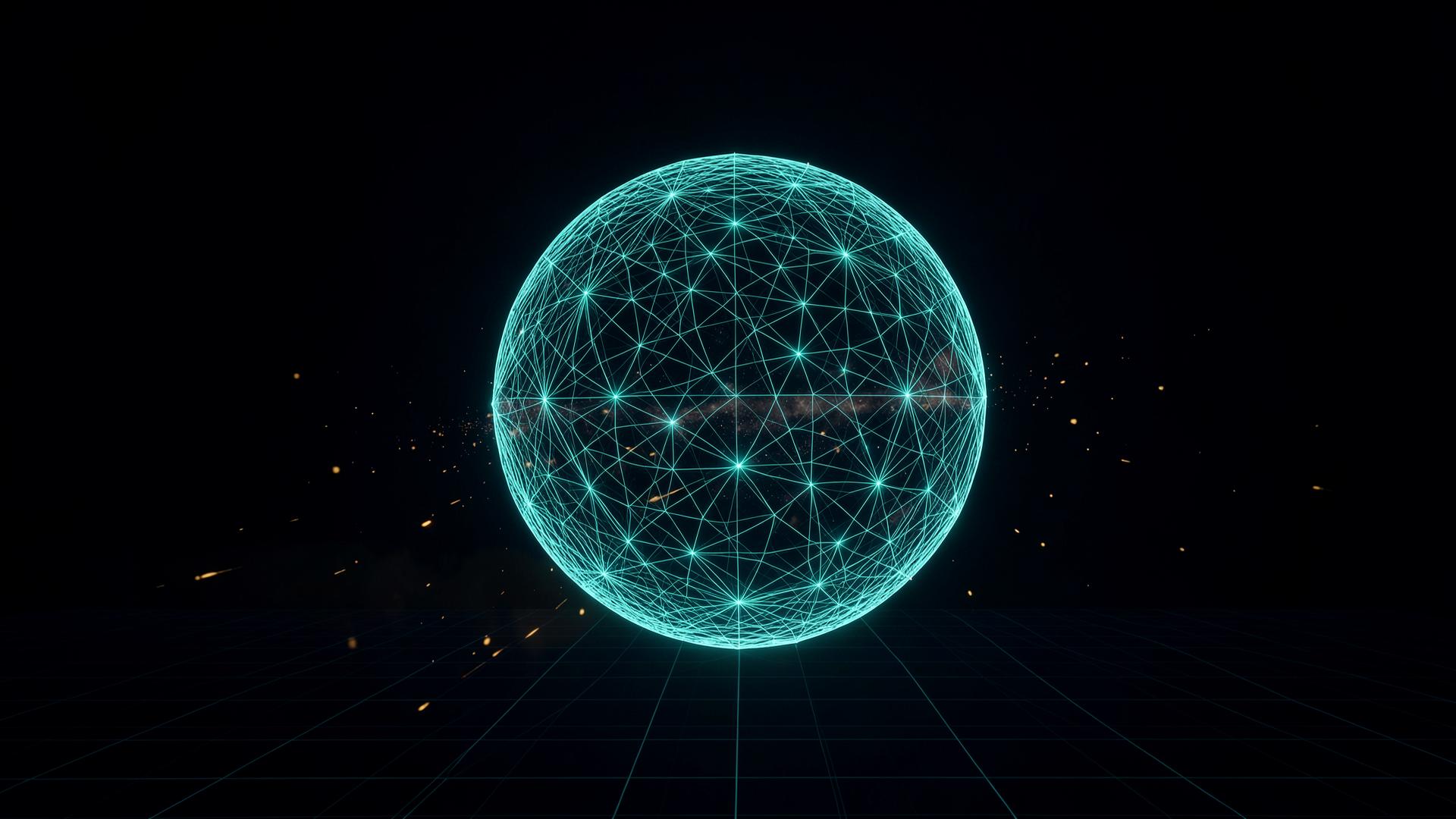 Glowing wireframe sphere of light filaments above a dark grid horizon