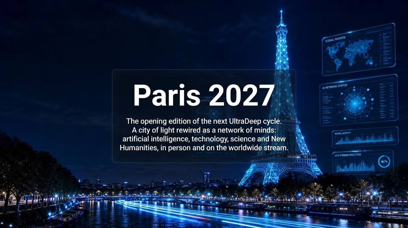 The Eiffel Tower rendered as a glowing neural network above the Paris skyline
