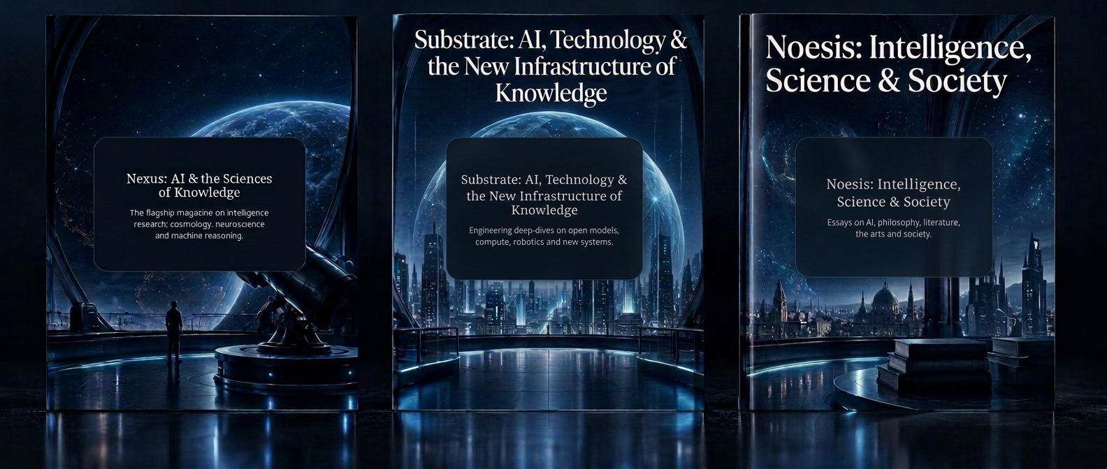 Universal AI and Science, Universal AI and Technology and AI and Humanities magazines glowing in dark space