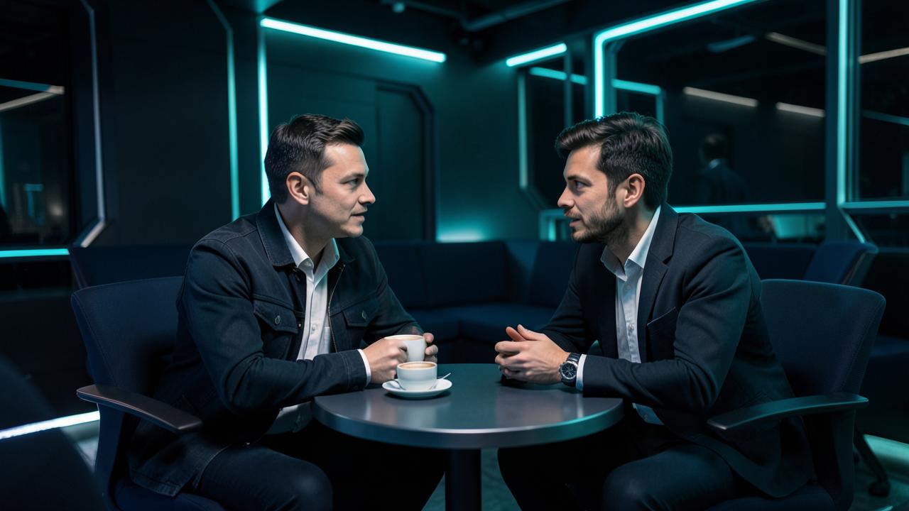Two attendees talking over coffee at a small table in a dark futuristic lounge