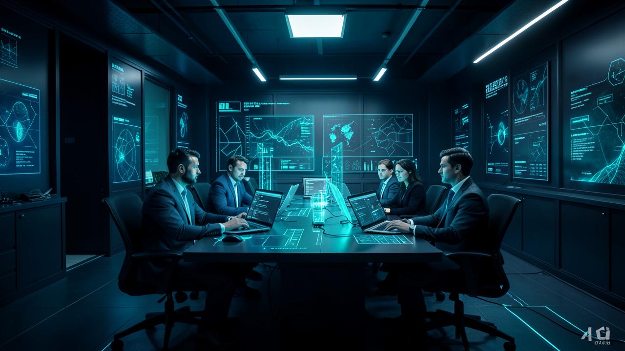 Researchers working on laptops around a table in a dark lab lit by teal data displays